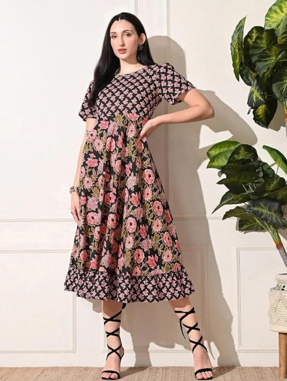 Floral Midi Dress with Pink Blooms